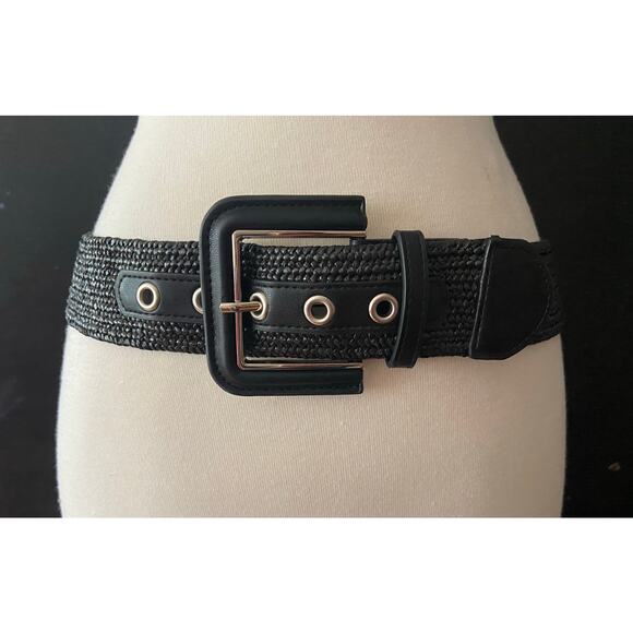 NINE WEST Wide Black Stretch Raffia Waist Belt sz M/L - Picture 1 of 10